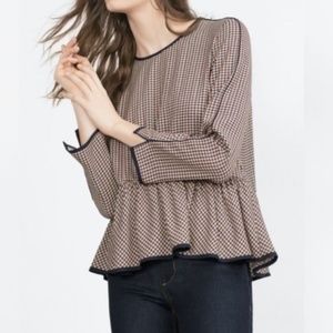 Zara | Houndstooth Peplum Lightweight Sweater Long Sleeve Top Career Blouse